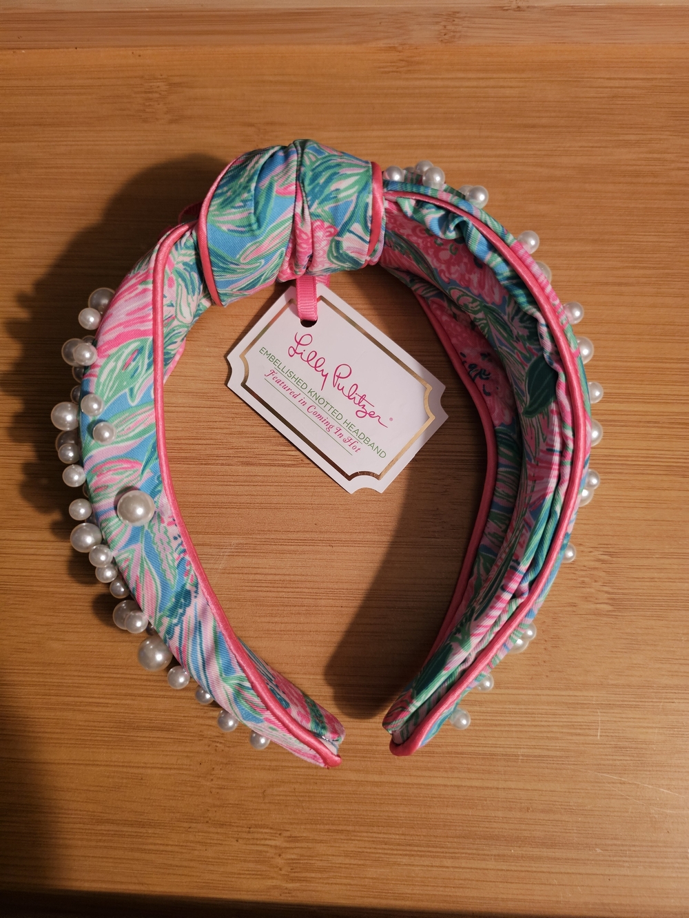 NWT Lilly Pulitzer Pink & Turquoise Pearl-Trim Knotted Headband